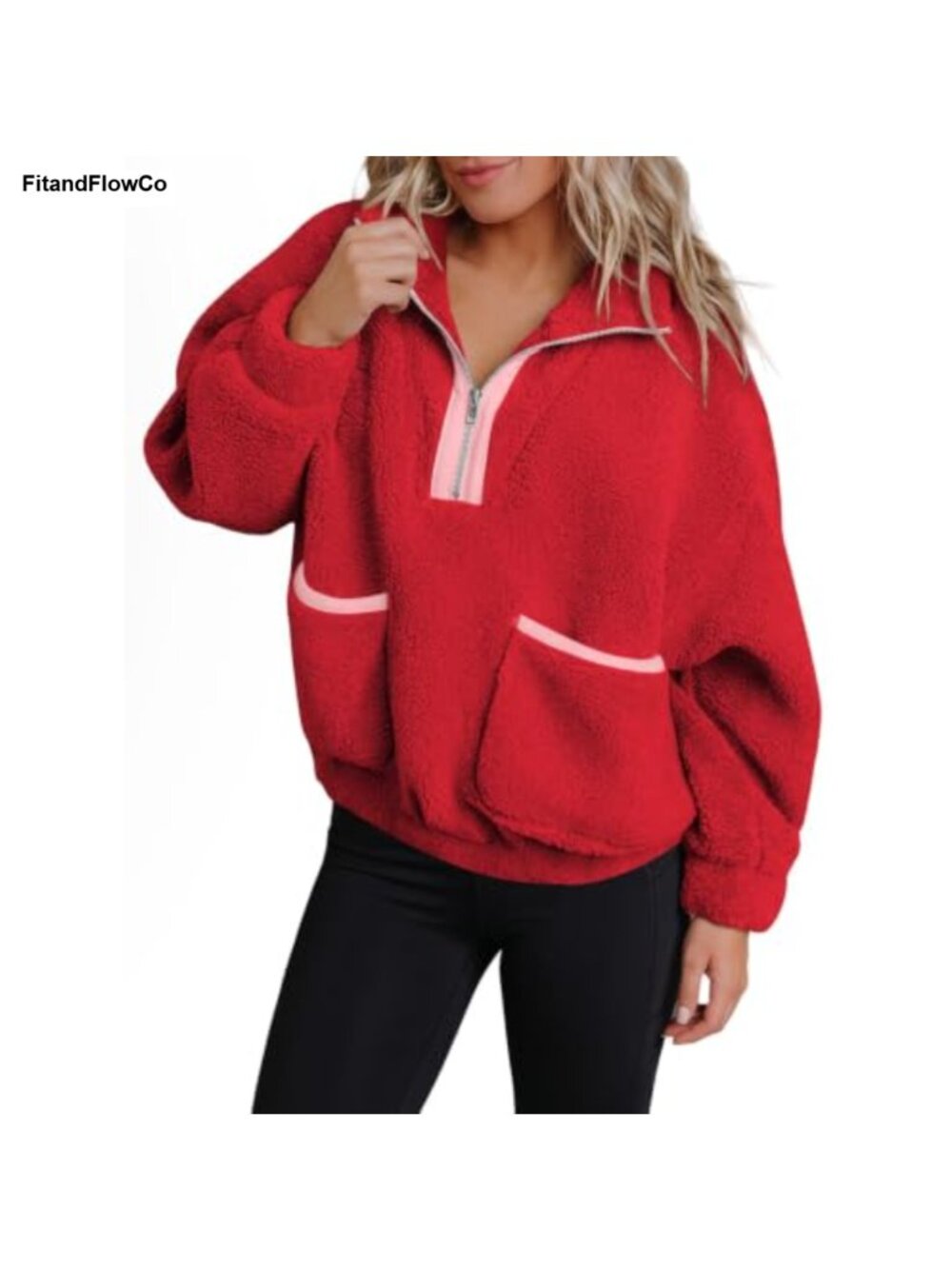 Half Zip Fleece Pullover Oversized Cropped Sweatshirt Fuzzy Hoodie Top
